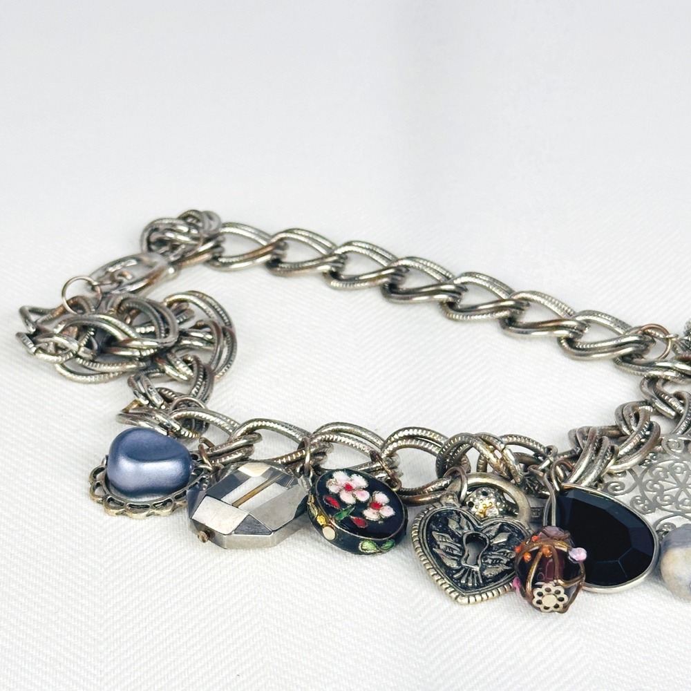 Vintage 90s Silver Charm Necklace Heart Locket Enamel Eclectic Chain Toggle - Picture 3 of 7